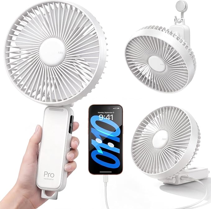 6-Inch Large Handheld Fan, 6000mAh Portable Rechargeable Fan with LED Battery Display & 10H Runtime, 180° Foldable Quiet USB-C Fan, 5 Speeds Brushless Motor for Travel Office Outdoor Makeup