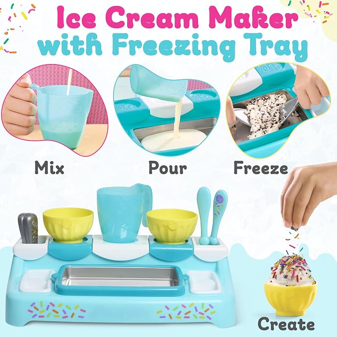 Ultimate Ice Cream Maker for Kids - Interactive Kitchen Playset for Children - Includes Freezing Tray, Bowls, Utensils, 2 Ice Cream Mixes, Apron, Hat, 9 Colorful Stickers (Heroic Hot Pink Bundle)