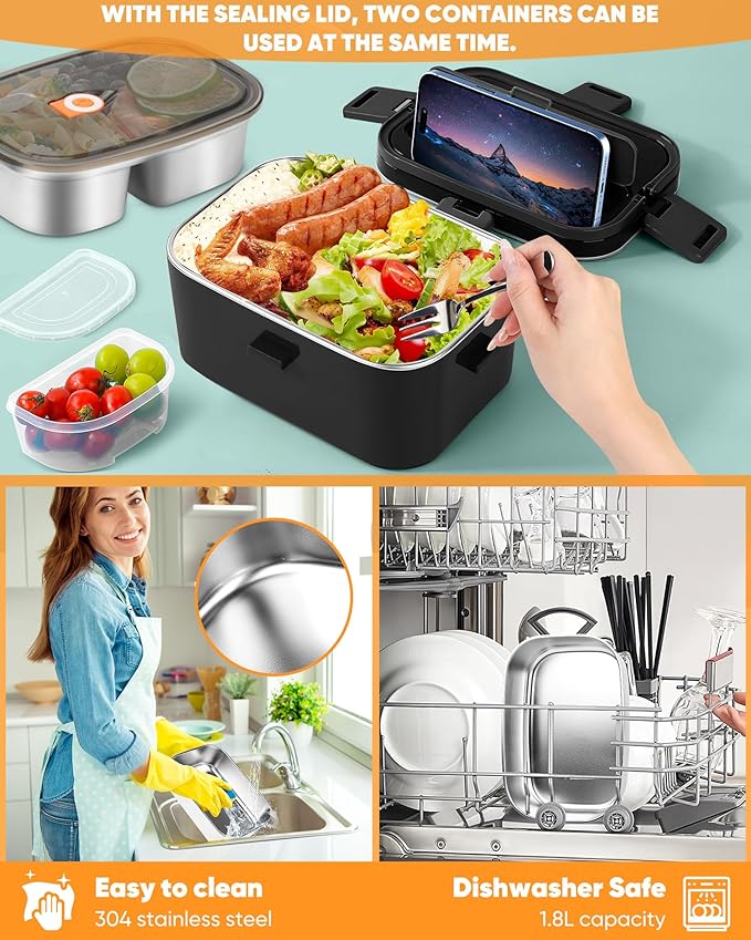 Eocolz Electric Lunch Box Food Heater 100W, Food Warmer with Dual Container 1.8L Portable Heated Lunch Box for Car Truck Work Stainless Steel Fork & Spoon 12/24/110V for Adults Lonchera Eléctrica