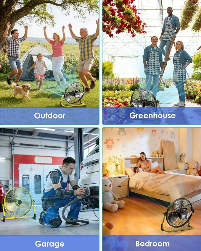 18'' Portable Battery Operated Fan, Cordless Camping Floor Fan Outdoor, Long Lasting Rechargeable Battery Powered Fan, 360° Tilt, USB Output, Wireless, for Home Gazebo Greenhouse Outside Gym