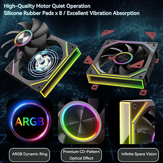 FB120 3 Pack 120mm ARGB PC Case Fans - Wireless Splicing/Daisy-Chain Design, 16.8M Colors Infinite Mirror Design with Remote, PWM Speed Control, High Airflow, Quiet Cooling for Gaming PC Build