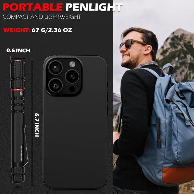 FORTO Rechargeable Pen Light Flashlight, 400 Lumens Small Pocket Flashlight with Clip, IP67 Waterproof, 2 Light Modes, 3-Color Battery Indicator, Type-C Charging, for Inspection,Emergency（2 Pack）