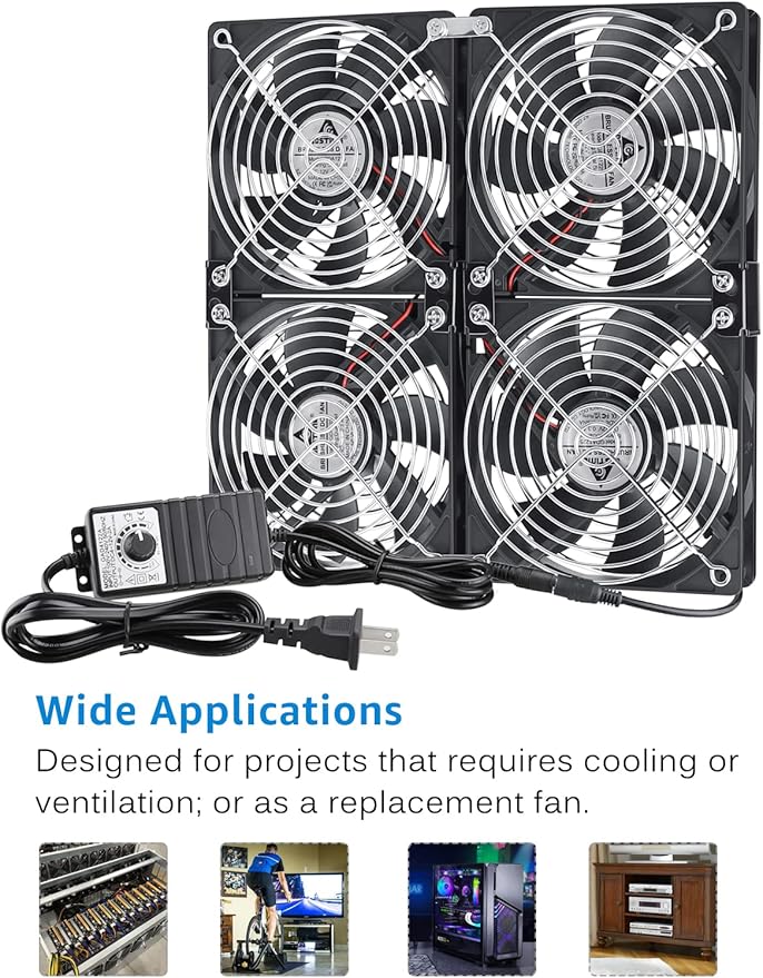 GDSTIME Big Airflow 4X 120mm Fans with 100V-240V AC Powered Speed Controller for DIY GPU Mining Rig Server Racks AV Cabinets TVs Routers Cooling Ventilation