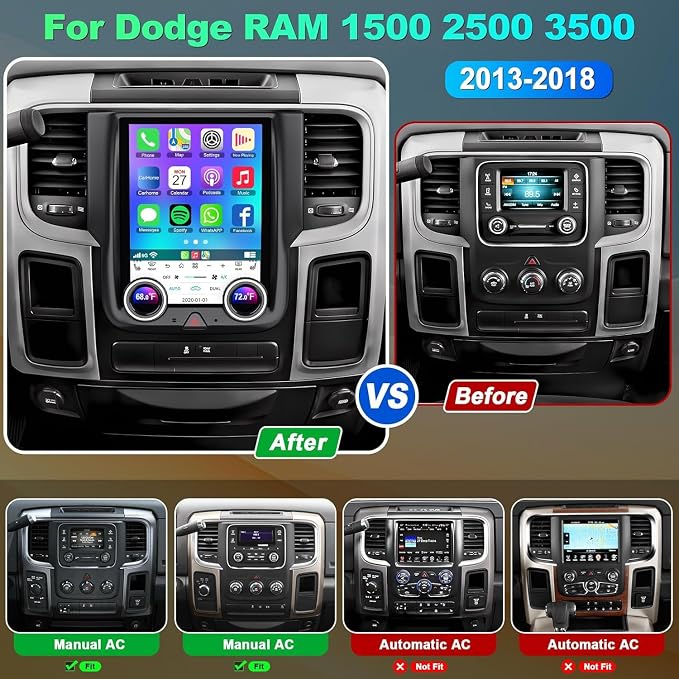 for Dodge Ram 1500/2500/3500 Manual AC Android 13 Car Radio 8-core, 10.4 Inch IPS Touch Screen Car Stereo with Wireless Carplay/Android Auto,GPS, WiFi, Bluetooth, FM, DVR