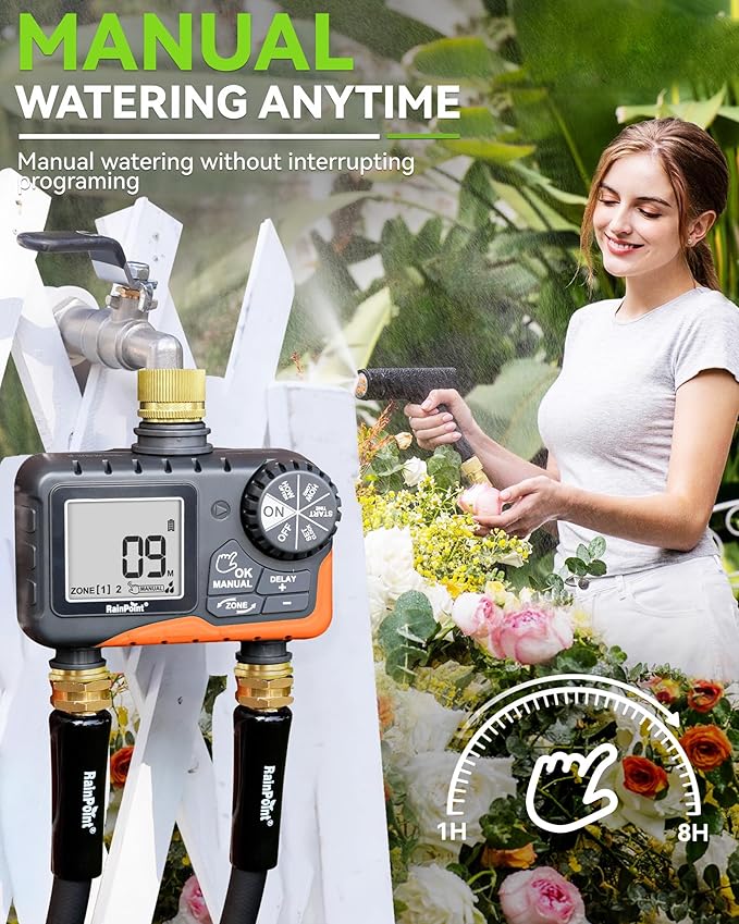 RAINPOINT 2 Zone Sprinkler Timer with Brass Inlet and Outlet - Water Timer for Garden Hose with Rain Delay/Manual Watering/Automatic Irrigation Controller for Yard(Orange)
