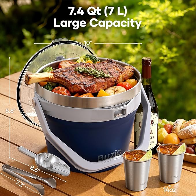 BUZIO 7 L Ice Bucket with Lid, Scoop, Tongs & Metal Cups, Double Wall Vacuum Insulated Stainless Steel Large Bucket with Handle & Adjustable Shoulder Strap, for Cocktail Bar, Blue