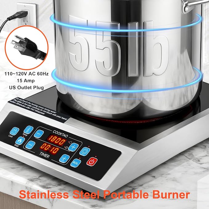 Dual Coils Design of Stainless Steel Single Burner Electric Cooktop, 1800W Commercial Ceramic Infrared Cooking Hot Plate, Portable Countertop Radiant Stove Top Cooker with WATT and TEMP Control