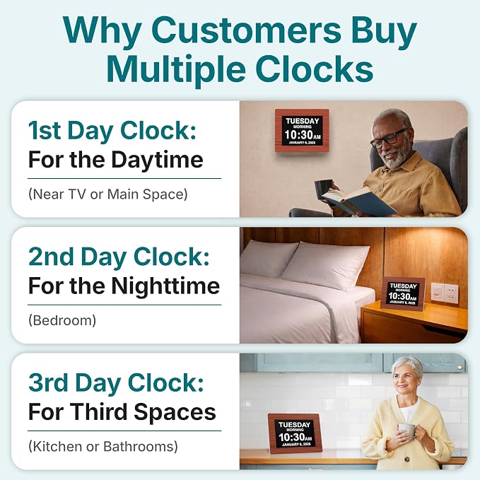 American Lifetime New 2026 Dementia Clock Large Digital Clock for Seniors, Large Display with Custom Alarms, Calendar Clock with Day & Date for Elderly, Clear Numbers Alzheimer Digital Clock Wood