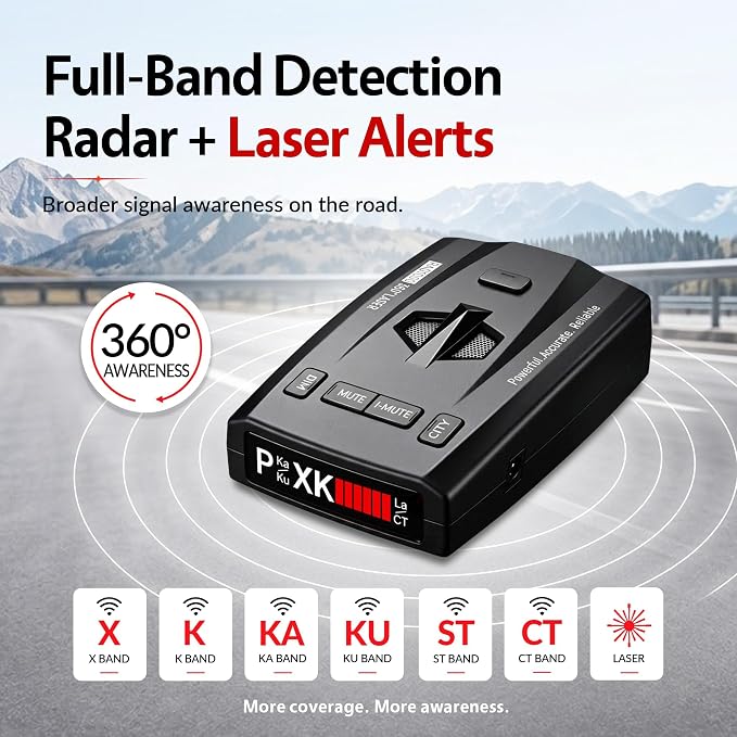Radar Detector for Cars, Long Range Radar & Laser Detector Up to 1,100 Yards, X/K/Ka/KU/ST/CT Band Detection, DSP False Alert Filtering, Voice Alerts, RDD Stealth Technology, City/Highway Modes