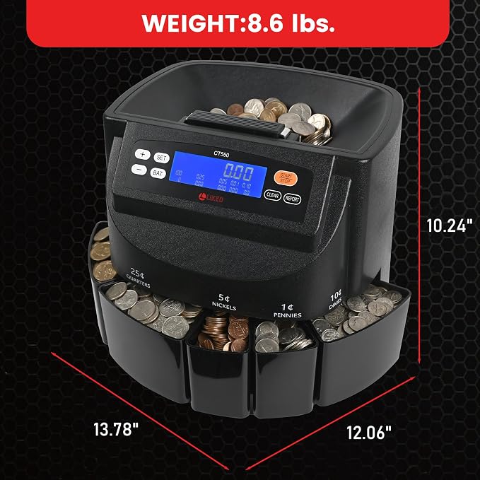 L LIKED Coin Counter and Sorter Machine Accurate sort for Nickels, Dimes, Quarters, Pennies, Dollars, Comes with 50 Performed Wrappers, 270 Coins/min, LCD Display
