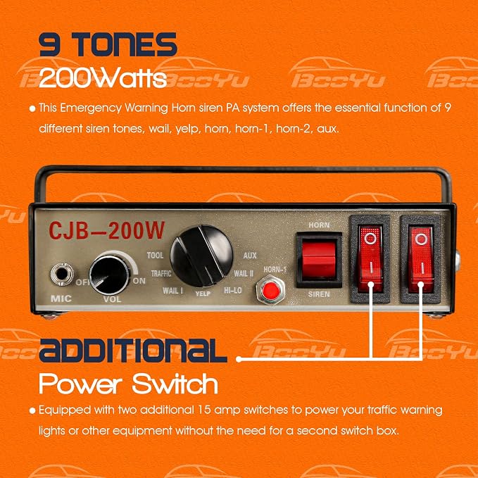 12V 200W 9 Tones Police Warning Emergency Siren PA System [Black Steel Speaker][125-135dB][Handheld Microphone][Hands-Free][2 x 10A Switches] for Firefighter Ambulance Vehicles Truck SUV ATV UTV