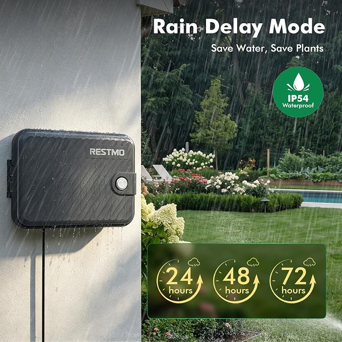 RESTMO Remote Control 8-Station Swing Panel Sprinkler System Timer, Outdoor Sprinkler Controller with Rain Delay/Manual/Automatic Watering System, Digital Irrigation for Yard, Lawn & Garden