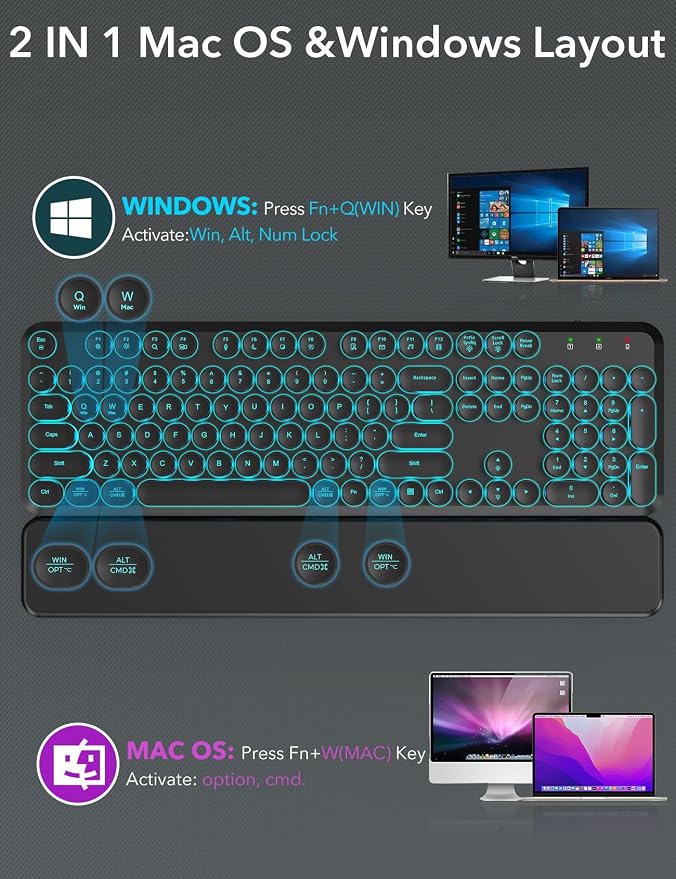 Wireless Keyboard and Mouse Backlit - Typewriter Keyboard with Magnetic Wrist Rest, Retro Round Keys, Light Up Letters, 2.4GHz Cordless Combo for Mac, Windows, PC, Laptop, Trueque CK23Pro [Upgraded]