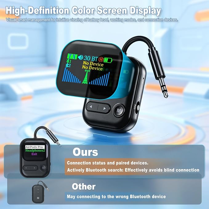 Airplane Bluetooth Adapter, 2-in-1 Bluetooth 6.0 Transmitter Receiver with Colorful Screen, Compatible with Pairs 2 AirPods/Headphones, Wireless Adapter for Flying, TV, Car, Gym, and Travel, Black