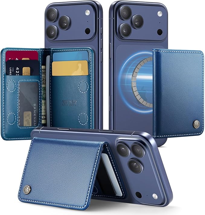 Slim PU Leather RFID Magnetic Wallet for Men and Women, Minimalist Magnet Card Holder Phone Wallet Compatible with Magsafe for Apple iPhone 17 16 15 14 13 12 Series, Fashion Dark Blue