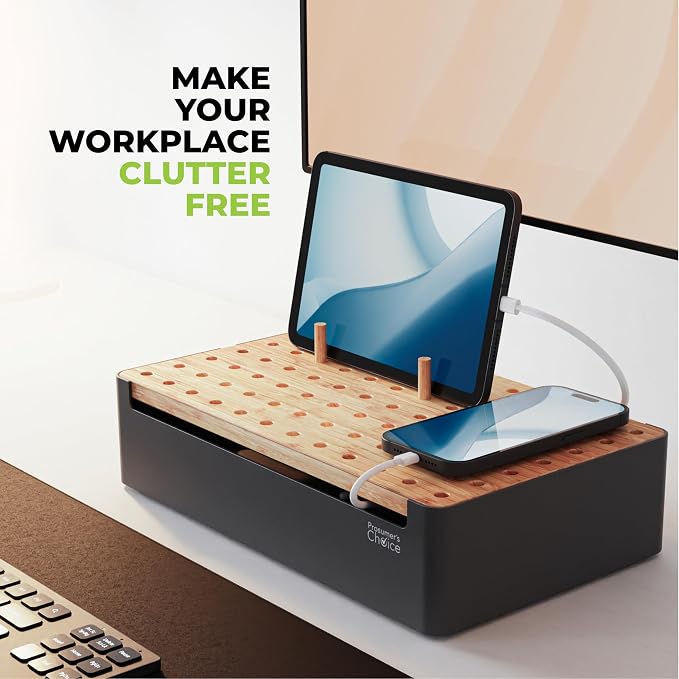 Prosumer's Choice Black Wooden Charging Station Organizer for Multiple Devices - Cable Management Box with 5 Slots and Removable Dividers - Charger Organizer for Phone, Tablet, Home, Office, 12"x6"x7"