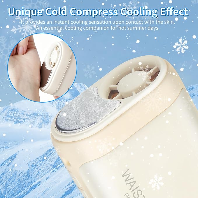 Portable Handheld Fan Rechargeable Hands-Free Hanging Neck Fan with Cold Compress LED Display 3000mAh 5 Speed 4 IN 1 Personal Fans for Hand, Neck, Desk, Clip, Outdoor, Travel, Beach, Makeup, Beige