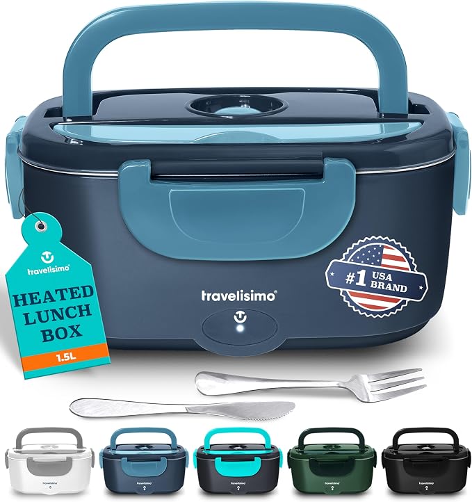 TRAVELISIMO Electric Lunch Box for Adults 100W Heated Lunch Box For Men 1.5L Stainless Steel Portable Food Warmer, 12/24/110V for Travel & Work, Loncheras Electricas Para Calentar Almuerzo
