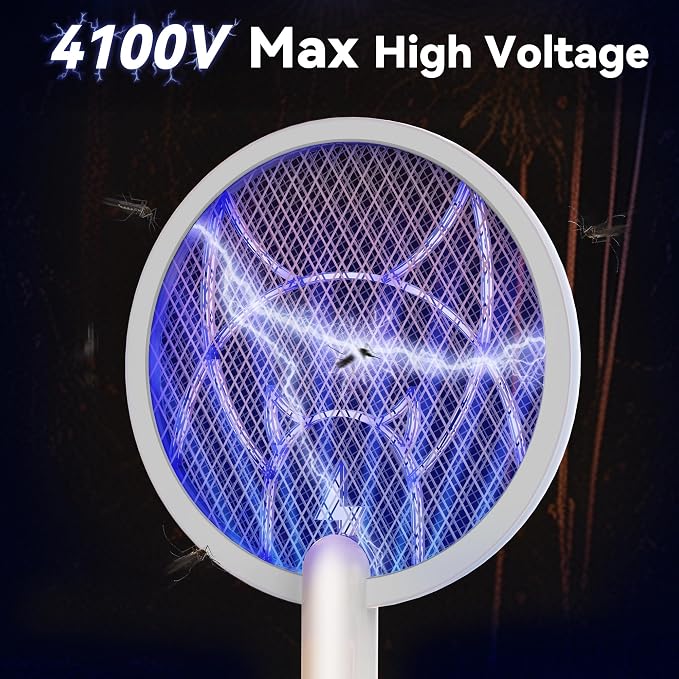 Nymrix Electric Fly Swatter Racket,2 in 1 Mosquito Bug Zapper 4100V Max Handheld Mosquito Killer with 1800 mAh Rechargeable Battery, Purple Light and 3-Layer Safety Mesh for Indoor Grey Two-Pack