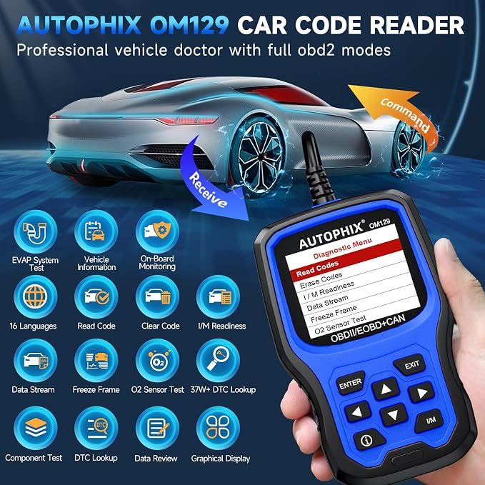 AUTOPHIX OM129P OBD2 Scanner, Check Engine Light Code Reader with Live Data, Car Scanner, Pass Smog Test and 12V Battery Test, All OBD2 Function with Code Definition & Lifetime Free Updates