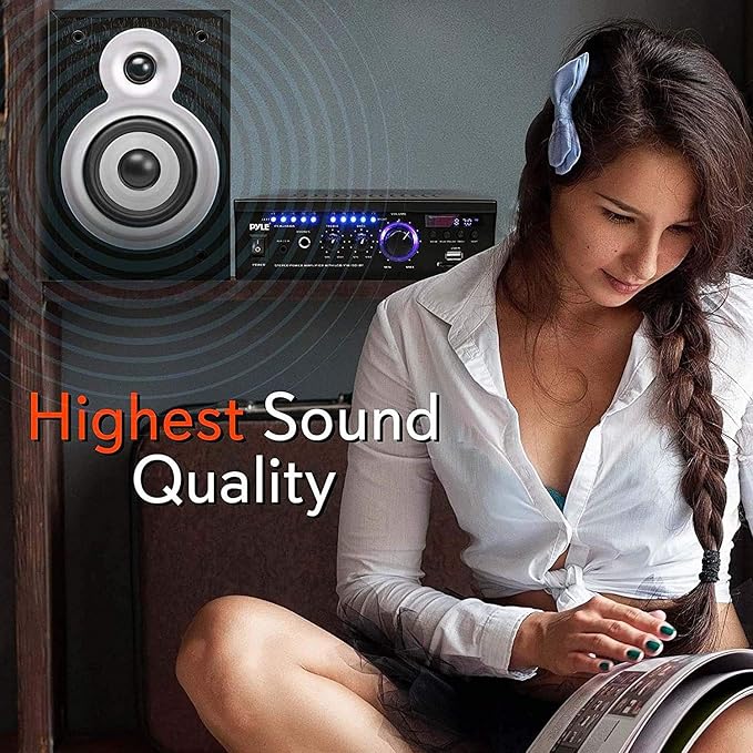 Pyle Home Power Amplifier with Bluetooth Wireless - 2 x 120 Watt Stereo Receiver w/ Blue LED Level Meter, FM Radio, USB-A Input w/ MP3 Player, SD Card In, Aux, RCA, Headphone Jack - PCAU46BA