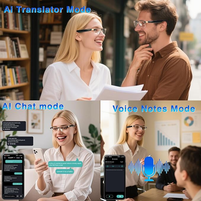Ai Translation Smart Glasses with Chat GPT, Bluetooth Glasses for Men Women with 164+ Language & Accents, Translation Glasses Color-Change Lens, Open Ear Lighweight Eyeware