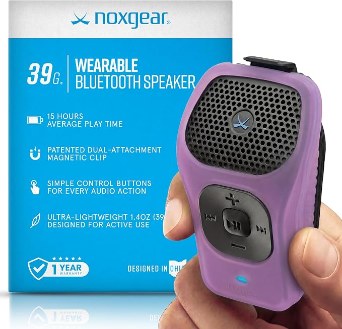noxgear 39g Wearable Bluetooth Speaker, Magnetic Mini Clip-On EDC Gear, Waterproof Up to 15 Hours Playtime | Clip On Speaker, Wearable Speaker with Microphone, 100ft Range (Color: Lilac)
