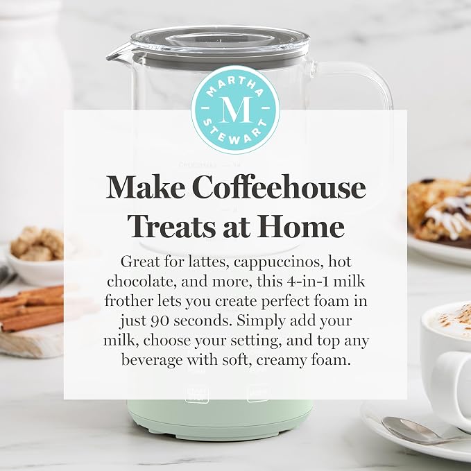 Martha Stewart Milk Frother and Steamer, 10oz/300ml Glass Cup, 4 Presets (Cold Foam, Light, Dense & Hot Chocolate), Ready in 90 Seconds, Cordless Pouring, One-Touch for Hot and Cold Milk, Honeydew