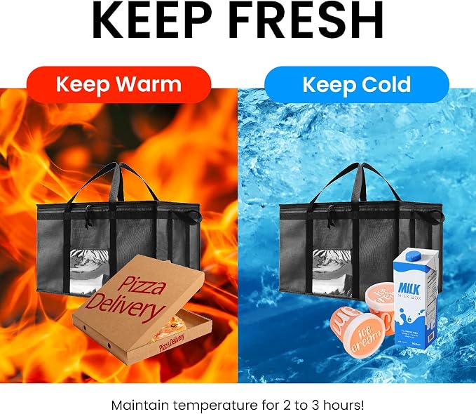 NZ home Insulated Bags for Food Delivery (3XL) Grocery Shopping Cooler Bag, Pizza Delivery, Hot & Cold Catering Tote, Reusable, Foldable & Heavy Duty (10 Pack, Black)