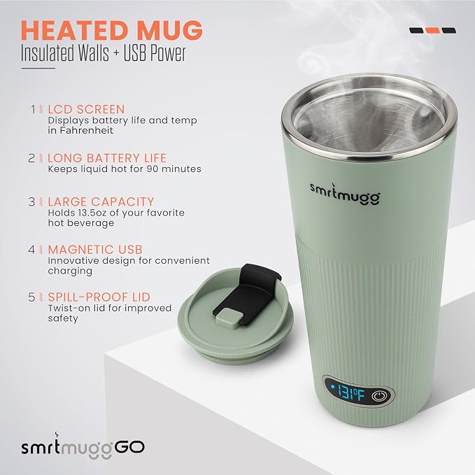 SmrtMugg GO Heated Coffee Mug, Travel Mug, 13.5 OZ. Smart Mug, Battery Powered Heated Coffee Mug, Great for Coffee and Tea, Snap on Magnetic Charging Cord, Adjustable Temperature (Mint Green)