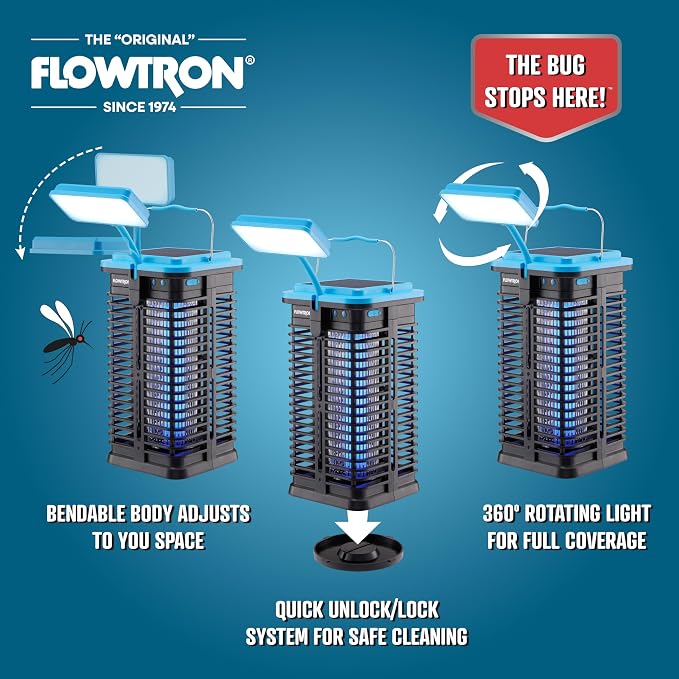 Flowtron Solar Bug Zapper | Portable Electric Insect Killer with UV Light & LED Lamp | USB-C and Solar Charging for 4000 mAh Battery | 530 Sq Ft Coverage from Gnats, Flies for Patio, Yard, Camping