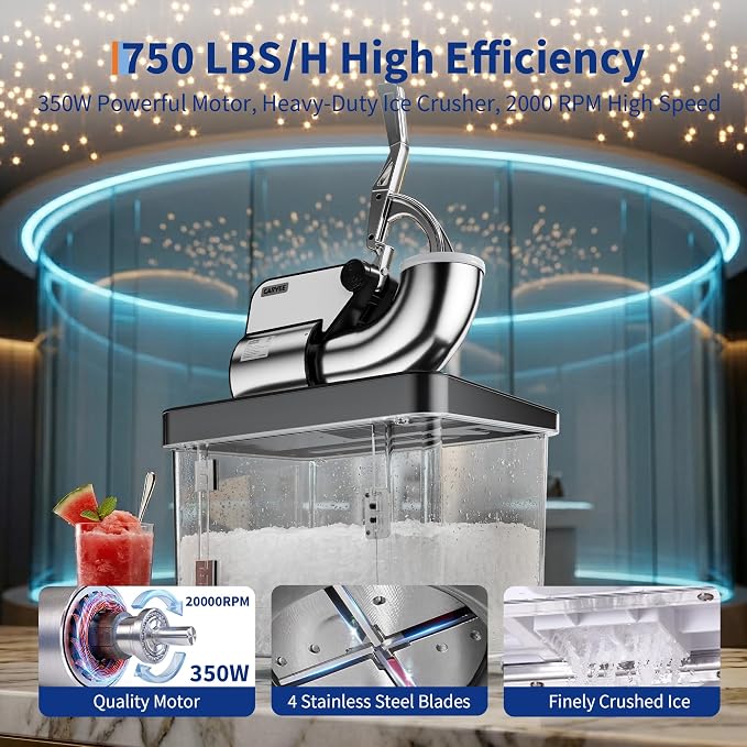 Commercial Ice Crusher 750LBS/H, 350W Electric Snow Cone Machine with 4 Stainless Steel Blades, 2000RPM, 8.98Gal Hopper Shaved Ice Maker with Safety On/Off Switch for Home, Restaurants, Bars, Black