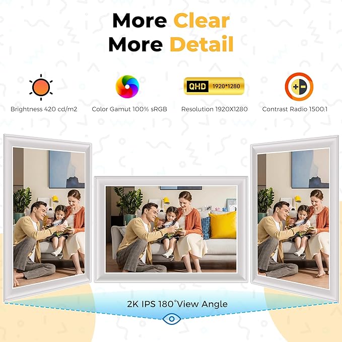64GB 2K Digital Photo Frame,WiFi6 Digital Picture Frame 100% sRGB 10.5 Inch 1920x1280 FHD IPS Touch Screen,Share Photos & Videos via Frameo App,Extend Storage by SD Card &USB Disk,Clock,Weather,White