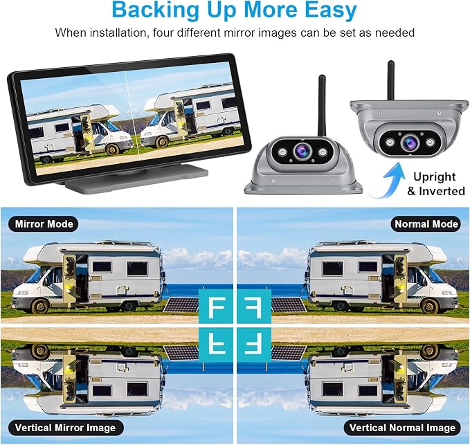 HD RV Vehicle Backup Cameras Wireless with 10.26" Monitor for Car Truck Trailer Bus Camper Motorhome System Recording Wide View Two Rear View Camera Clear Infrared Night Vision Support 4 Split Screen