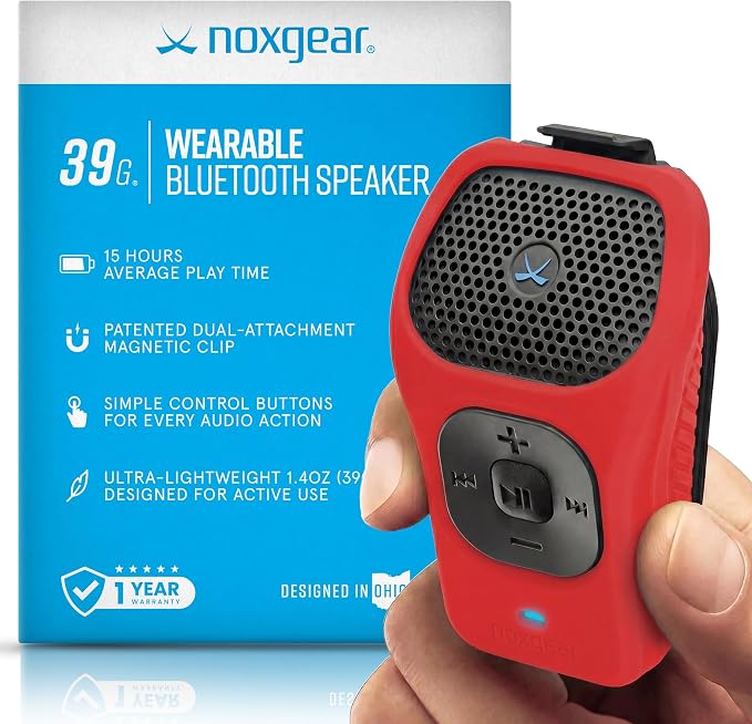 noxgear 39g Wearable Bluetooth Speaker, Magnetic Mini Clip-On EDC Gear, Waterproof Up to 15 Hours Playtime | Clip On Speaker, Wearable Speaker with Microphone, 100ft Range (Color: Red)