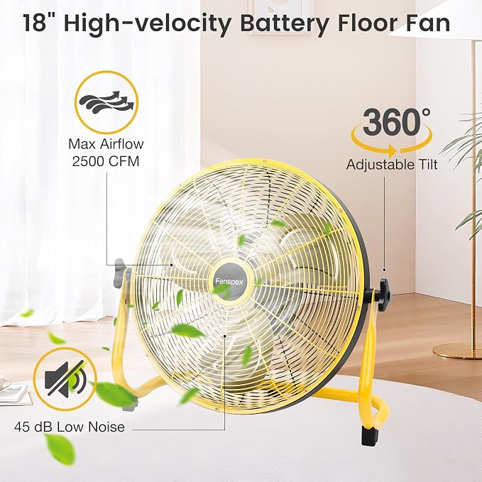 Fanspex 18" Solar Rechargeable Floor Fan for Outdoor, 22500 mAh Battery Operated Fan with 35W Solar Panel Powered for Patio Gazebo Camping, 360° Tilt (19.1 ft/s Airflow)