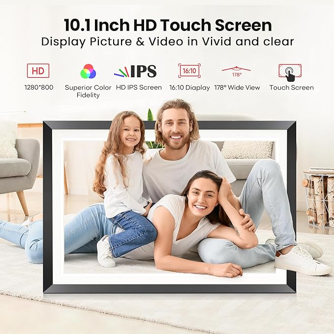 RCA 10.1” WiFi Digital Picture Frame, Electronic Photo Frames 32GB Storage, HD IPS Touch Screen WiFi Frame/Auto Rotate/Wall Mounted, Easy Setup in Uhale App to Share Photo/Video Anytime (Black)