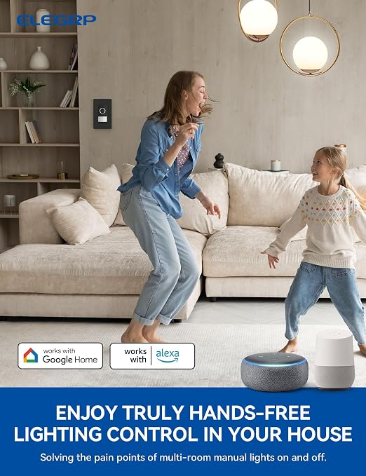 ELEGRP Smart Motion Sensor Switch, 2.4GHz Wi-Fi Single Pole Light Switch Works with Alexa & Google Assistant, APP Remote Control, Neutral Wire Required, UL Certified, No Hub Required (Black, 4 Pack)