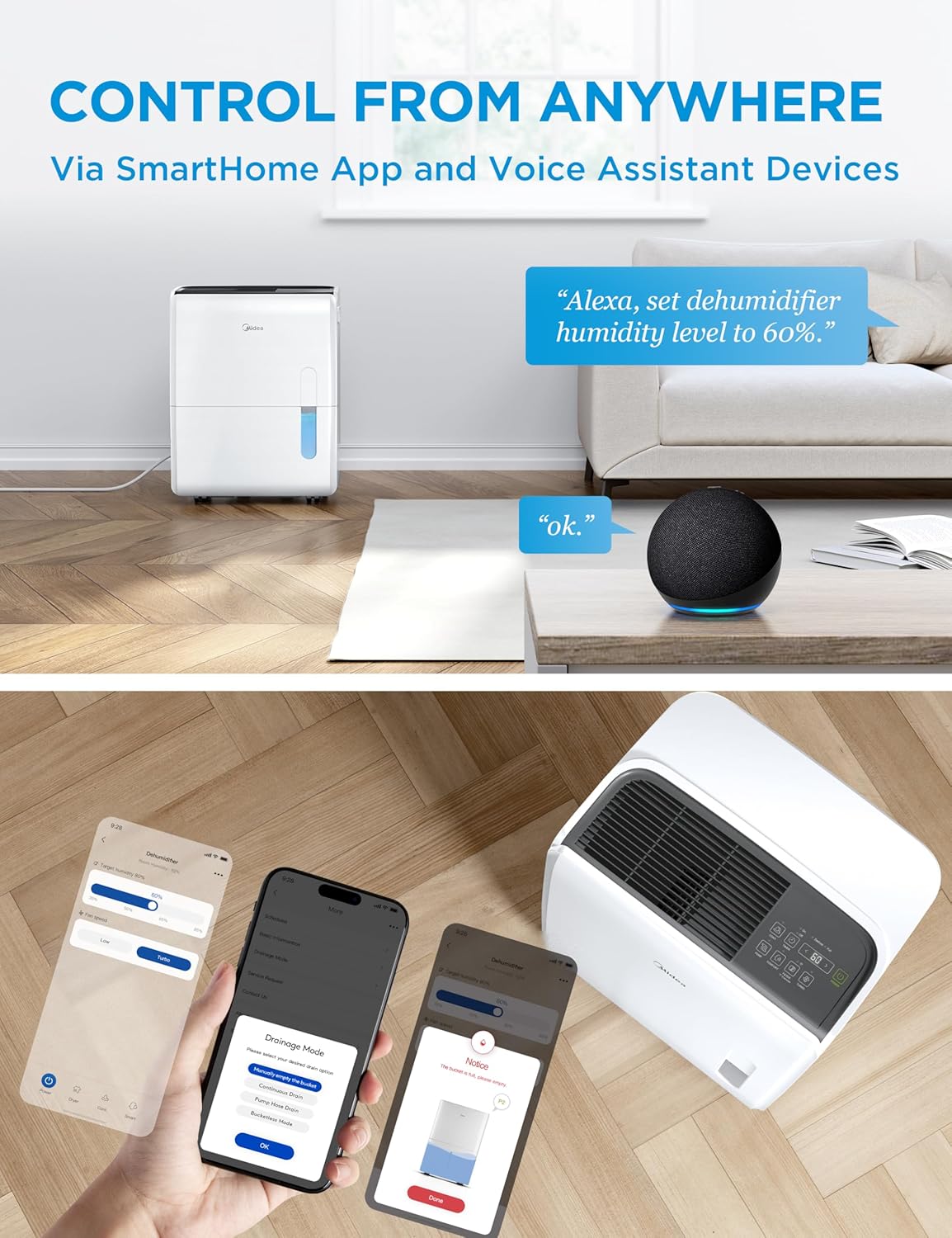 Midea 5,500 Sq. Ft Dehumidifier for Basement, 60 Pint dehumidifier with pump, APP & Alexa Smart Control, 2.64 Gallon Water Tank, Intelligent Humidity Control, Ideal for Home, Basement, Garage