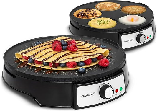 Electric Crepe Maker & Griddle Cooktop | Nonstick Reversible 12 Inch Hot Plate with LED Indicator Lights & Adjustable Temperature Control | Wooden Spatula & Batter Spreader NutriChef Included