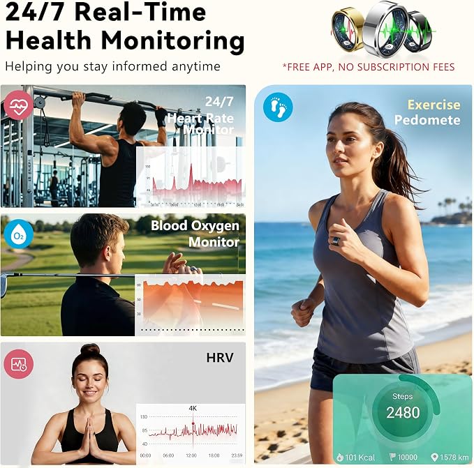 Smart Ring for Women & Men, Health & Fitness Tracker with Heart Rate/Sleep Monitoring/Blood Pressure, 5ATM Waterproof,Activity Trackers with Free App,Stylish Fitness Ring Birthday Gift(Size 8, Black)