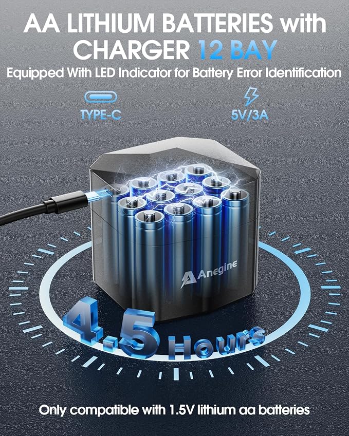 anegine Rechargeable AA Lithium Batteries with 12-Slot Charger, 12-Pack 1.5V 3600mWh Li-ion, 2000+ Cycles, Double A Batteries for Blink Outdoor Camera, Blue