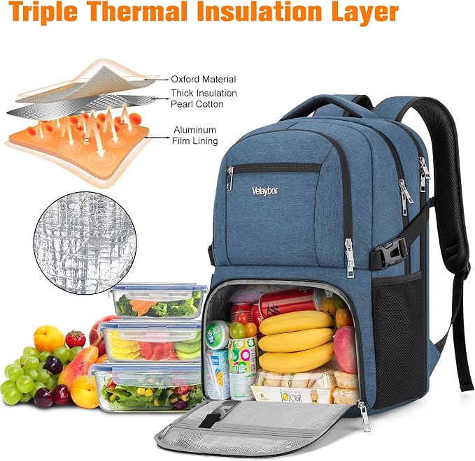 Insulated Lunch Backpack Fit 17" Laptop, Work Backpack with Lunch Box for Men & Women, Water Resistant College Computer Bag for Travel, Business, Hiking
