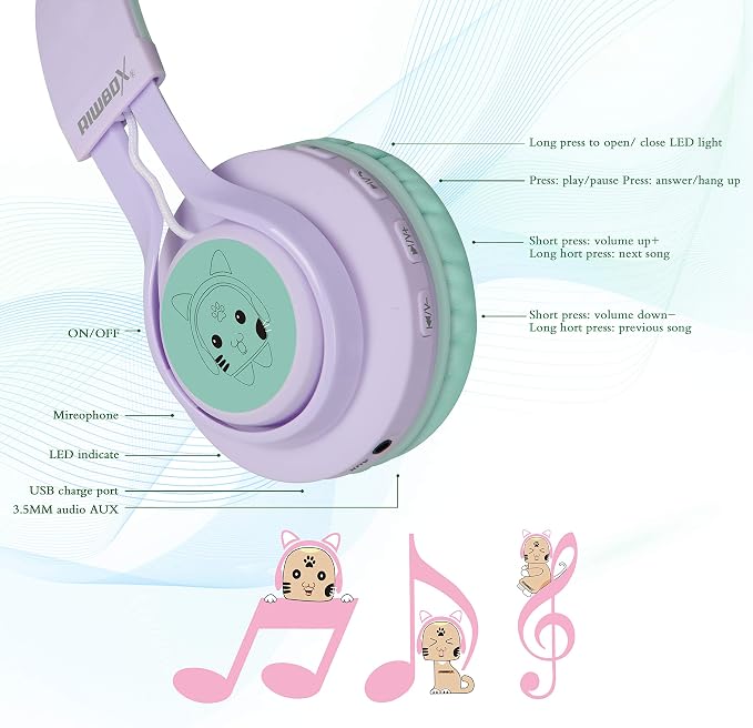 Riwbox Kids Wireless Headphones, CT-7S Cat Ear Bluetooth, 85dB Volume Limiting, LED Light Up Over Ear with Microphone for Laptop/PC/TV (Purple&Green)
