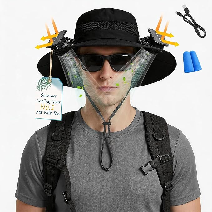 Solar Powered Fan hat with 2 USB Charging Removable Fans Wide Brim Sun Cooling in Them Sun for Adults Protection Fishing Beach Gardening with Earplugs