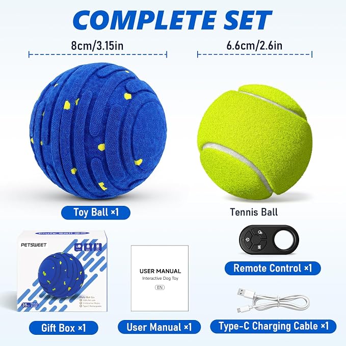 Remote Control Dog Toy Ball, Interactive Self Bouncing E-TPU Ball with 3 Modes (Bounce/Roll), Rechargeable Auto Moving Toy for Small Medium Large Dogs, Keeps Them Busy, BLU&YLW
