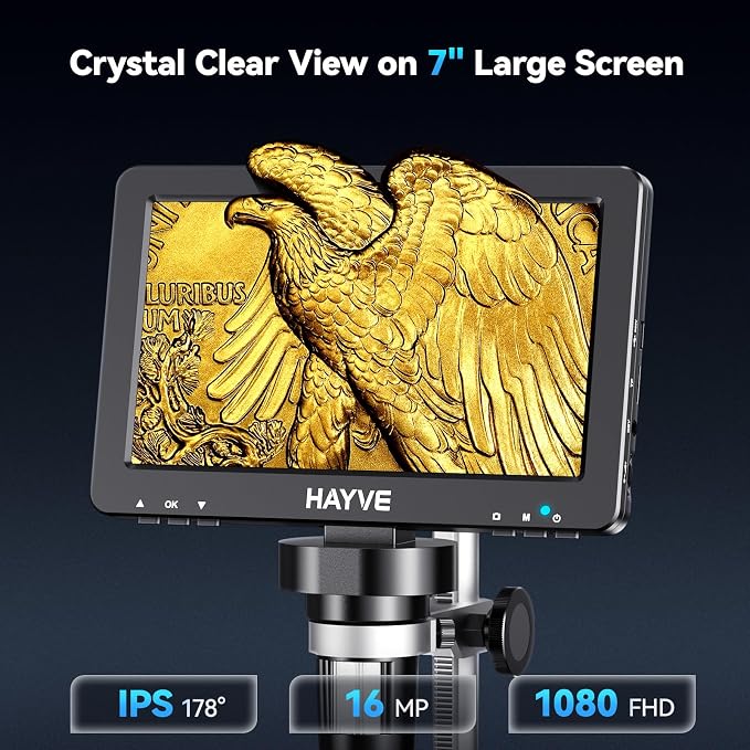 Hayve 7" LCD Digital Microscope, 1200X Magnification for Coin PCB Circuit Repair Soldering, 16MP Camera Sensor Coin Microscope, Wired Remote, 10 LED Light, Compatible with Windows/Mac OS