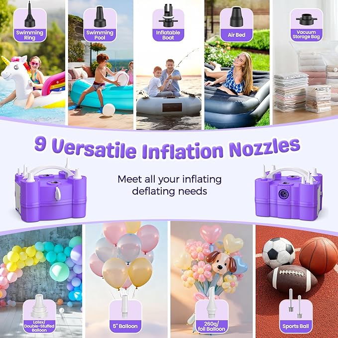 Keaibuding Electric Balloon Pump, 4-in-1 Balloon Blower with Triple Inflating Ports for All Balloons, Air Pump for Sports Balls, Inflator& Deflator for Inflatables (Dust-Proof Storage Bag Included)