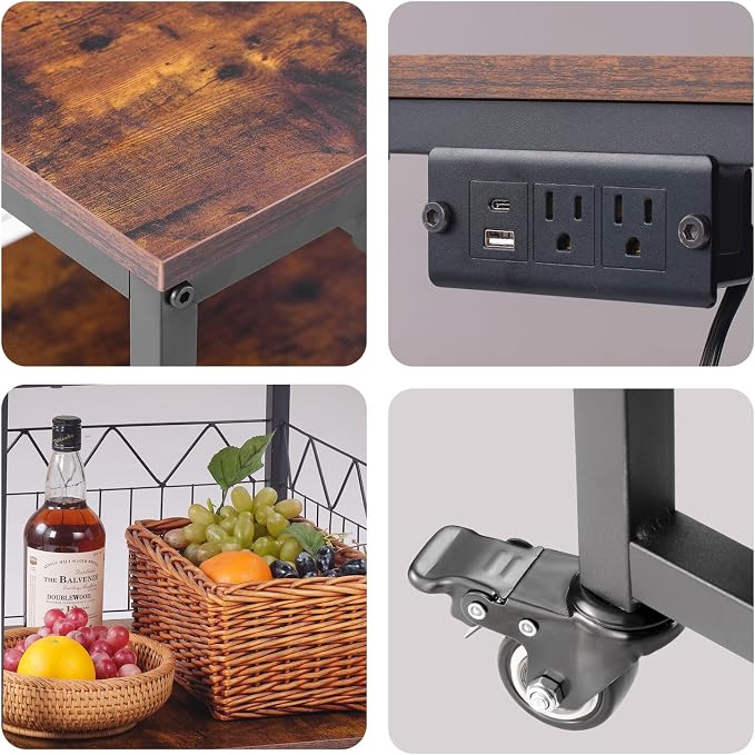 Mini Fridge Stand Heavy-Duty Metal Frame | Built-in 1 USB + 1 Type-C + 2 AC Outlets Rolling Fridge Cart for Dorm, Office, Bedroom | Adjustable Feet & Movable Drawer 19.7" W/D x 22.7" H