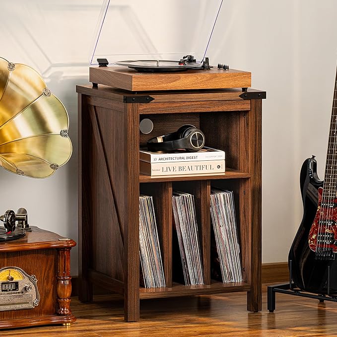 Joaxswe Record Player Stand with Vinyl Record Storage,Rustic Brown Record Player Table Holds up to 160 Albums,Large Wood Turntable Stand Cabinet Dispaly Shelf for Living Room,Bedroom,Office